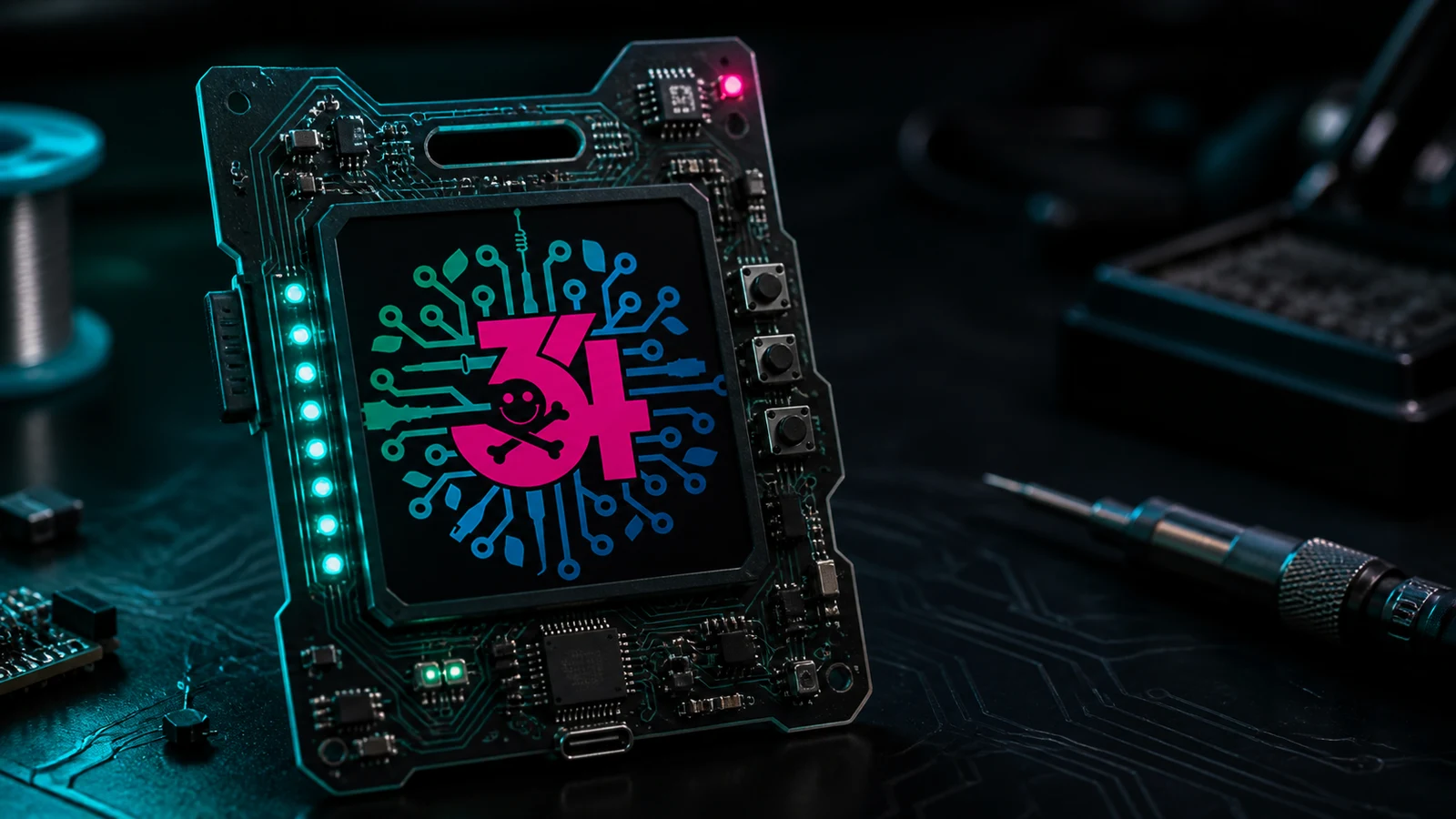 A conceptual DEF CON 34 electronic conference badge featuring the official circuit-themed logo.