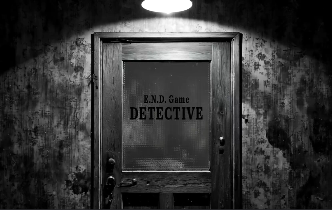 A noir detective office door labeled E.N.D. Game Detective.